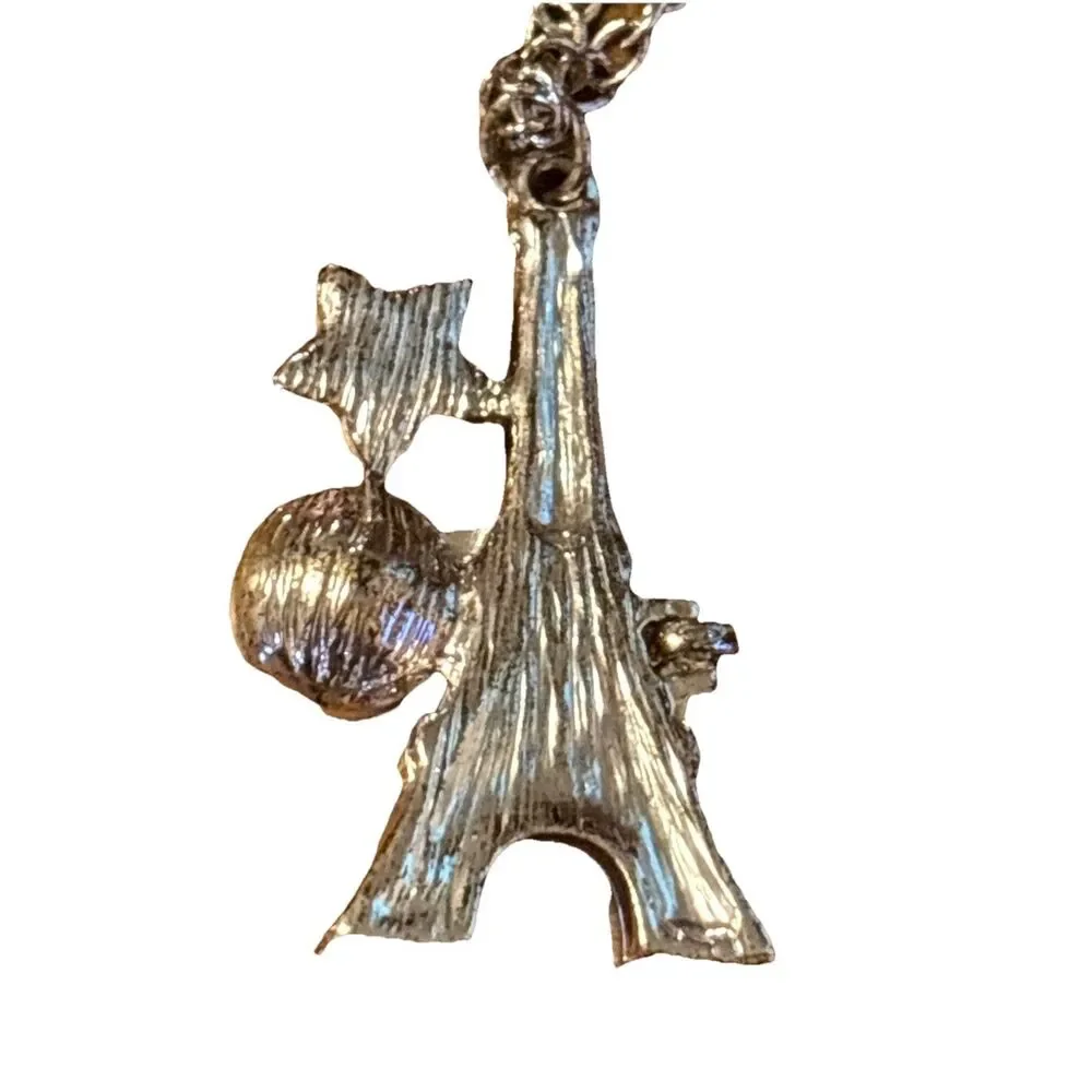 Justice 17” Silvertone Necklace And Pierced Earrings With Eiffel Tower